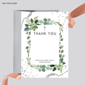 Tarjetas de Primera Comunión para niños - Confetti Plateado - Verde y Plateado