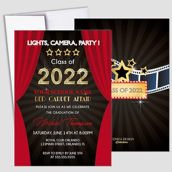 Hollywood theme graduation party invitation, Hollywood Senior Prom 2022 Card, any text and type of event