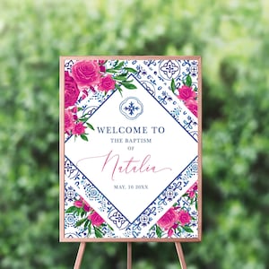 Letrero de bienvenida con azulejos azules impreso para bautismo o cualquier evento, letrero de entrada marroquí azul y rosa, decoraciones para fiestas con temática de azulejos de Portugal, toscano