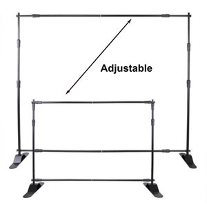 May include: Black adjustable backdrop stand with three telescoping legs and two horizontal bars. The stand is adjustable in height.