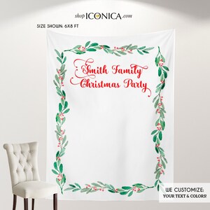 Personalized Christmas Party Backdrop, Festive Wreath, Mistletoe Design
