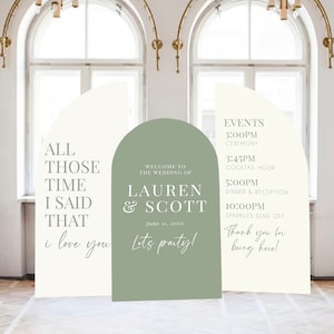 May include: A wedding announcement with a green and white arch design. The text reads "Welcome to the wedding of Lauren & Scott, June 11, 20XX, Let's party!" and lists the wedding events with times.