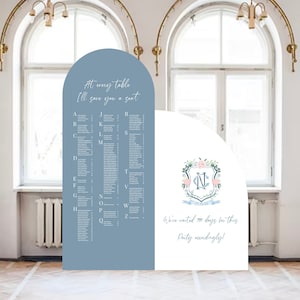 Wedding Seating Chart Arch Large Signs with easel Vintage Floral Dusty Blue Entrance Foam Board Sign Romantic Sign Custom text, Indoor use