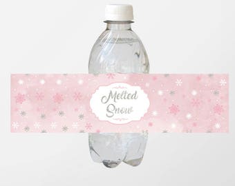 Winter Wonderland Bottle Labels, Pink Winter Party Bottle Wrappers, Silver and Pink, Snowflakes Party Printed or Personalized Printable File