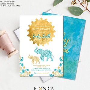 Moroccan Baby Shower Invitation,  Watercolor Gold Sunset, Elephant Invitation, Indian Party, Etnic,Arabian Printed Or Printable File IBS0028