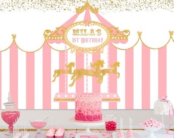 Carousel Backdrop, Pink and Gold First Birthday Decor, Pink Circus Banner, Girl Carnival Party, Printed Or Printable File