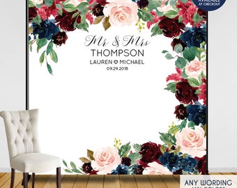 Burgundy Floral Wedding Backdrop, Personalized Engagement Party Decor