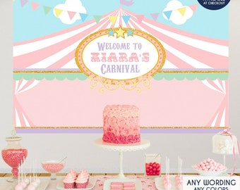 Carousel Party Banner Carnival Banner Girl Pink Circus Party Backdrop Circus First Birthday Banner Pink Gold Mint Bbd0013