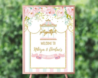 Carousel Welcome Sign , Carousel Baby Shower, Carnival Welcome Sign, Floral Pink, Pastel Colors, Any text, Printed Or Digital File SWBD004