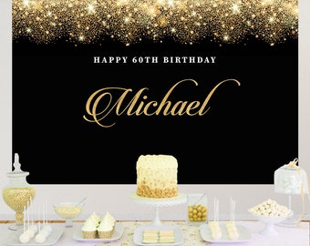 Elegant 60th Birthday Backdrop personalized,Corporate Party Backdrop,Black and Gold Party Decor BHO0004