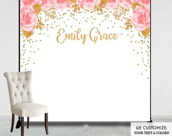 Virtual Baby Shower Baby Shower Backdrop, Pink Flowers and Gold Faux Glitter Decor, any wording, Printed Or Printable File BBR0030