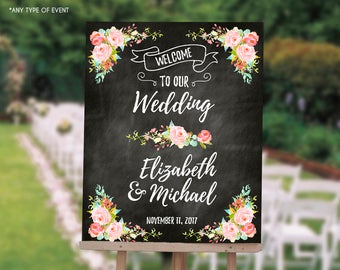 Floral Wedding Welcome Sign, Garden Party Chalkboard Poster, Wedding Poster, Wedding Chalkboard, Printed Or Printable File