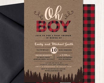 Lumberjack Baby Shower Invitation, Plaid Buffalo Check, Wilderness Theme