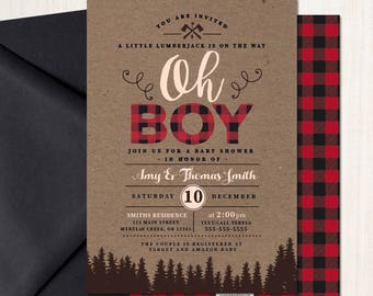 Lumberjack Baby Shower Invitation, buffalo check Invitation, Oh Boy card, Free Shipping IBS0002