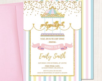 Carousel Baby Shower Invitation, Pastel Colors, Printed or Printable