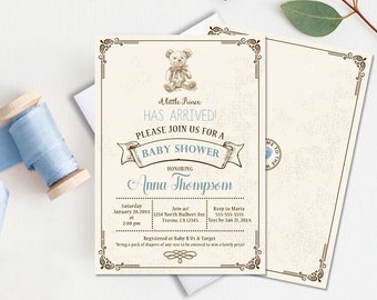 Vintage Teddy Bear Baby Shower Invitations - Brown & Blue, Printed or Printable