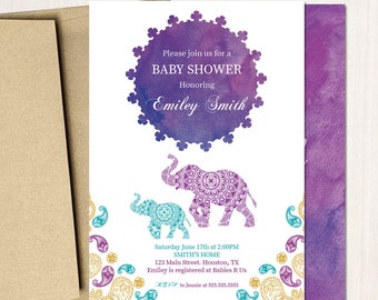 Moroccan Baby Shower Invitation,  Watercolor Sunset, Elephant Invitation, Indian Party, Etnic, Arabian Printed Or Printable File IBS0017