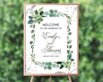 Wedding Welcome Sign Personalized | Wedding Greenery Welcome sign Greenery Collection Wedding Board, Elegant Greenery Welcome Sign