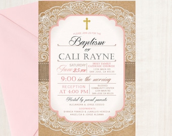 Romantic Lace Baptism Invitation – Rustic Kraft, Vintage Girl (Printed or Printable File)