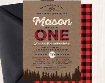 Lumberjack First Birthday Invitations,Personalized Buffalo Plaid Wilderness Lumberjcack Invitation,Printed-Printable Free Shipping Ibd0001