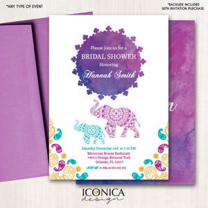 Moroccan Bridal Shower Invitation,  Watercolor Sunset, Elephant Invitation, Indian Party, Etnic, Arabian Printed Or Printable File IBR0009