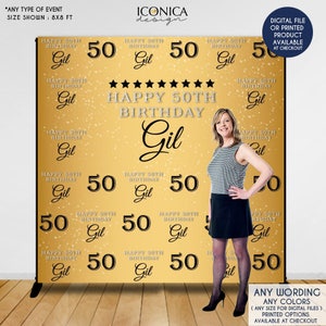 May include: Gold backdrop with black and silver text that reads "Happy 50th Birthday Gil". The backdrop is decorated with gold glitter and the number 50 is repeated throughout the design.