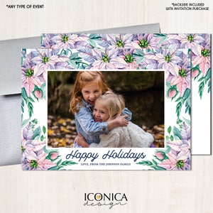 Christmas Cards, Floral Holiday Photo Cards, Pastel Poinsettia Holiday Cards, Watercolor - Printed or Printable File Free Shipping ISE0034