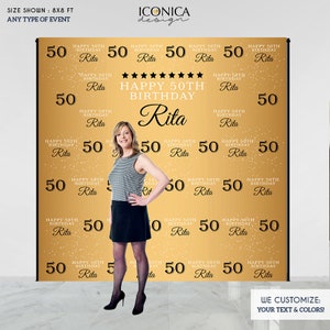 May include: Gold and black backdrop with the text "Happy 50th Birthday Rita" and the number 50 repeated throughout. The backdrop is 8x8 feet and can be customized with different text and colors.