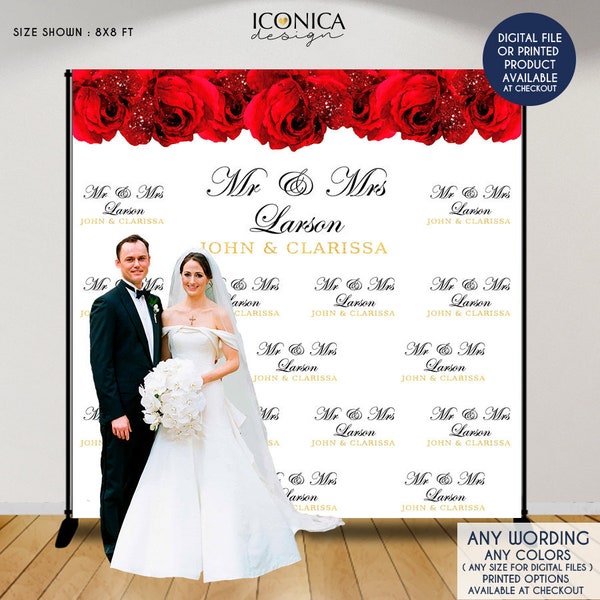 Wedding Backdrop, Red roses, Elegant Black and Gold Banner, Floral Wedding Decor, Floral photo backdrop, Printed or Printable File BBS0050