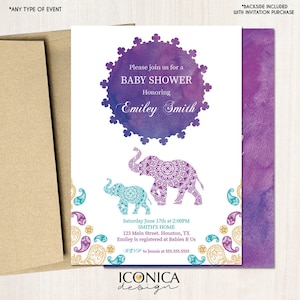 Moroccan Baby Shower Invitation,  Watercolor Sunset, Elephant Invitation, Indian Party, Etnic, Arabian Printed Or Printable File IBS0017