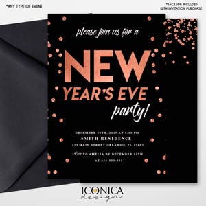 New Year's Eve Party Invitations,Black and Rose Gold Invites,NYE PARTY,New Year,Printed Or Printable File Free Shipping ISE0042