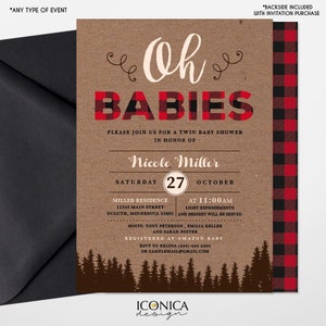 Lumberjack Baby Shower Invitation, Twin Baby Shower, Buffalo check Invitation, Oh Babies invitation, Baby Boy, Free Shipping IBS0026 image 1