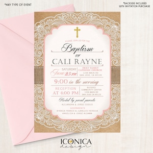 Baptism Invitation - Girl Romantic Lace Invite - Vintage Rustic || Kraft Paper Background | Printed Or Printable File Free Shipping Ibp0004