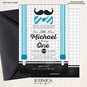 Little Man First Birthday Invitation Mustache Birthday Bowtie Party Any Age Printed or  Printable File Free Shipping IBD0018