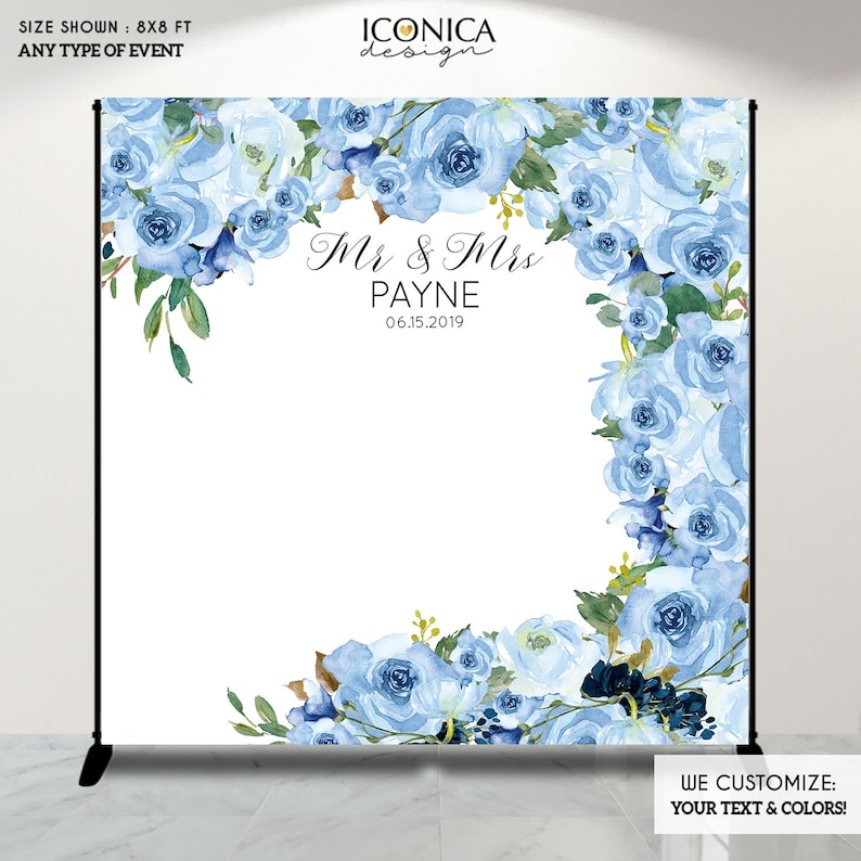 Wedding Backdrop Decor Vinyl Backdrop Party Decor Banner Blue Flower Banner Floral Backdrop Bridal Backdrop BWD0049 image 2