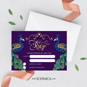 Karta z motywem pawia 3,5 x 5 cali Karty drukowane Karta RSVP Karty ze szczegółami pawia, Karty z przepisami - Kolekcja Peacock {Kolekcja Annette}