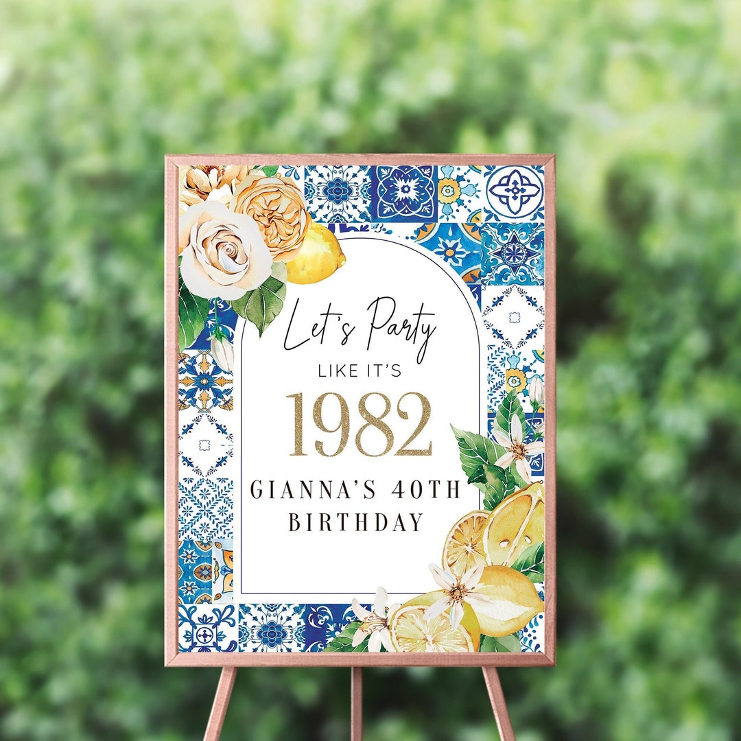 Tuscan Lemon Birthday Welcome Sign, Blue Tile, Citrus Theme - Etsy