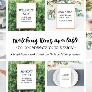 May include: A collage of printable wedding stationery templates, including a tent card, welcome sign, party sign, insert card, food labels, table numbers, seating chart, menu, and RSVP card. The text on the templates reads "Match any shop design, any type of event".