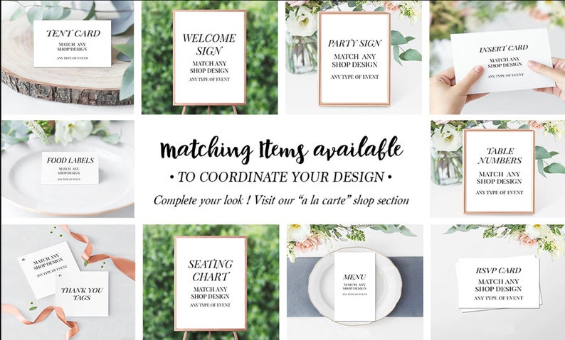 May include: A collage of printable wedding stationery templates, including a tent card, welcome sign, party sign, insert card, food labels, table numbers, seating chart, menu, and RSVP card. The text on the templates reads "Match any shop design, any type of event".
