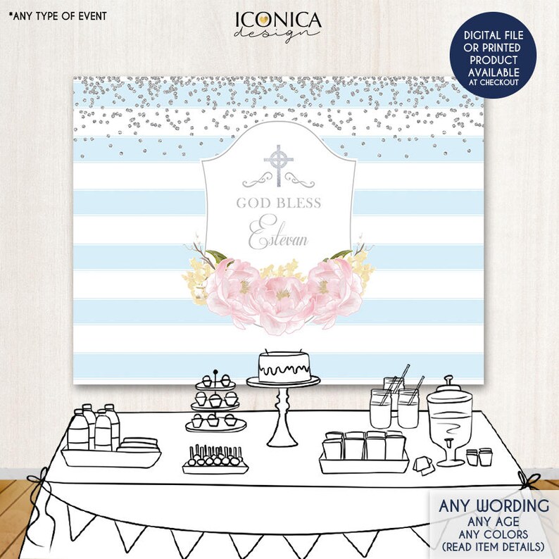 Baptism Backdrop Printed Or Printable File BAR0002 Personalized Decor First Communion Banner Decorations