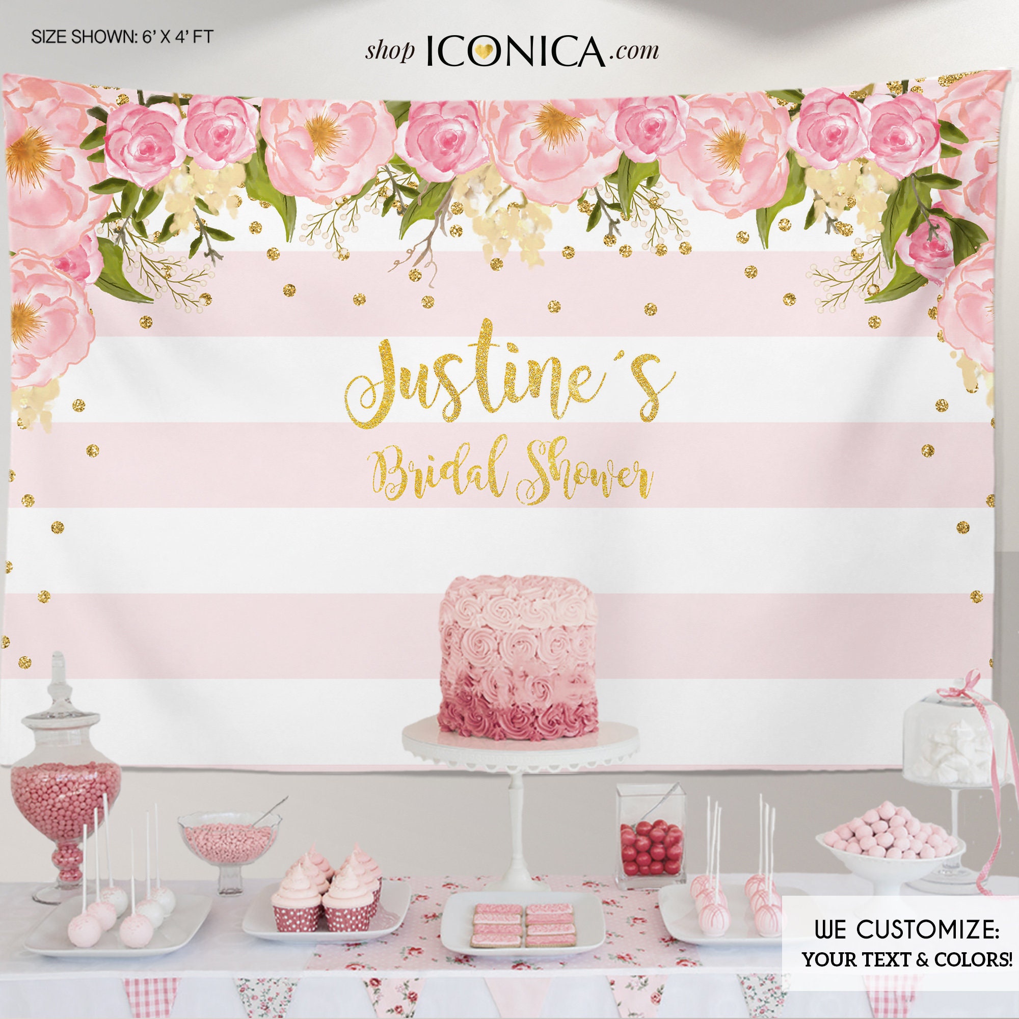 Floral Bridal Shower Backdrop Gold And Pink Dessert Table Etsy