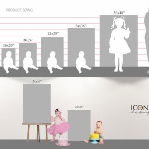 May include: Image showing product sizing options for digital or printed products. Sizes range from 11x14 inches to 36x48 inches. The image includes silhouettes of children and adults to illustrate scale, along with a baby with a cake and a girl in a tutu.