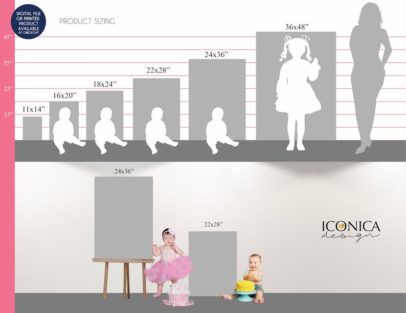 May include: Image showing product sizing options for digital or printed products. Sizes range from 11x14 inches to 36x48 inches. The image includes silhouettes of children and adults to illustrate scale, along with a baby with a cake and a girl in a tutu.