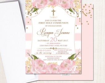 First Communion Invitation Floral Pink And Gold Invite Pink Peony Baptism Party Invite Printed Or Printable File Free Shipping Ifc0002
