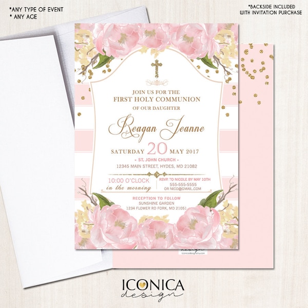 First Communion Invitation Floral Pink And Gold Invite Pink Peony Baptism Party Invite Printed Or Printable File Free Shipping Ifc0002