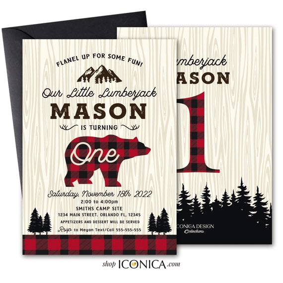 Lumberjack first birthday invitation Printed - Buffalo plaid invitation- Christmas cards - Lumberjack invitation-Lumberjack baby shower card Il_570xn