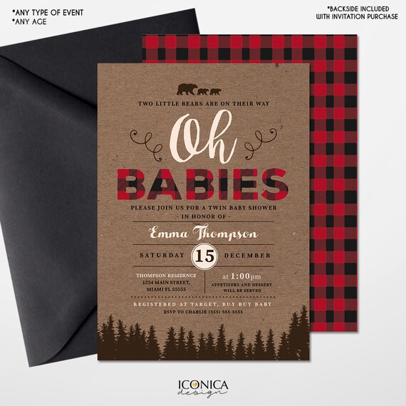 Lumberjack Twin Baby Shower Invitation Lumberjack Baby Shower Cards