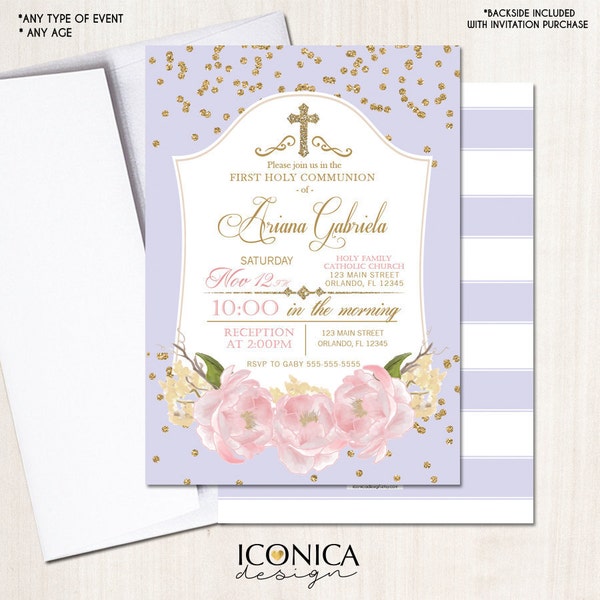 Floral First Communion Invitation Gold & Lilac Gold Glitter Pink Peony Baptism Party Invite Printed Or Printable File Free Shipping Ifc0004