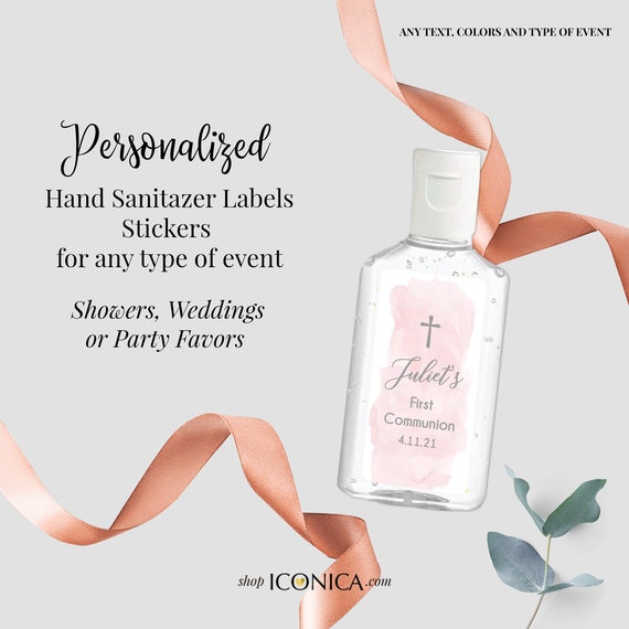 40 Personalized Labels Printed 1" w x 2"h Hand Sanitizer Labels Fits Purell 1oz Communion Labels Pink Watercolor Antibacterial Label Design Il_570xn