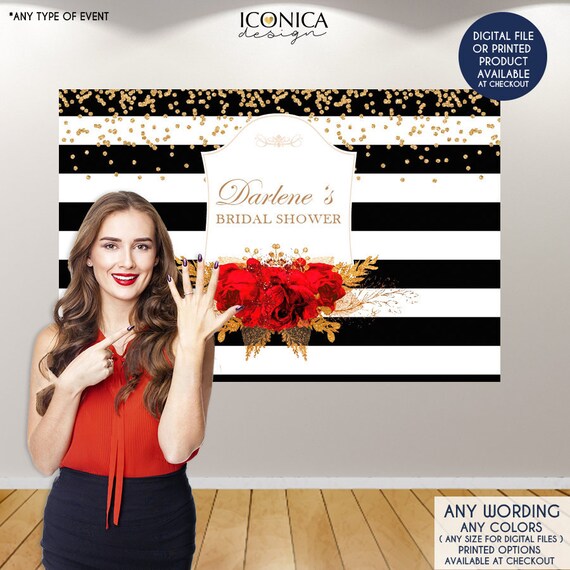Bridal Shower Backdrop, Elegant Black and White Stripes Banner, Floral Red and Gold backdrop, Red roses backdrop, Printed or Printable File Il_570xn